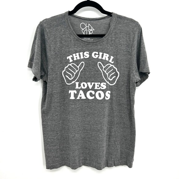 NWT CHASER Gray White This Girl Loves Tacos Graphic Print Raw Hem T-Shirt Medium - Picture 2 of 5